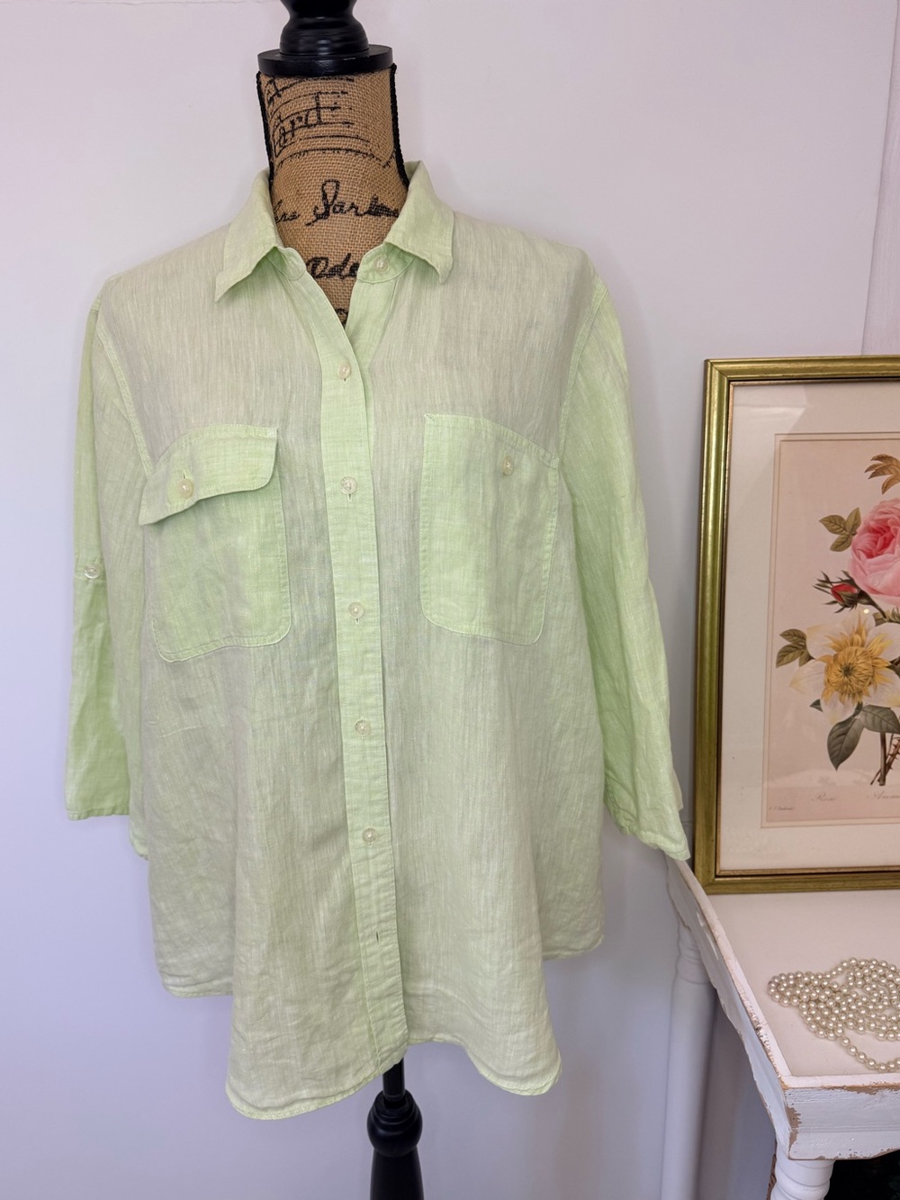 Lauren Ralph Lauren Pastel Lime Green Linen Button Down Top 2X